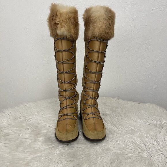 VTG Y2K Baby Phat Tan Faux Fur Trim Lace Up Knee High Boot Quilted Retro Sz 8.5B - Picture 2 of 12
